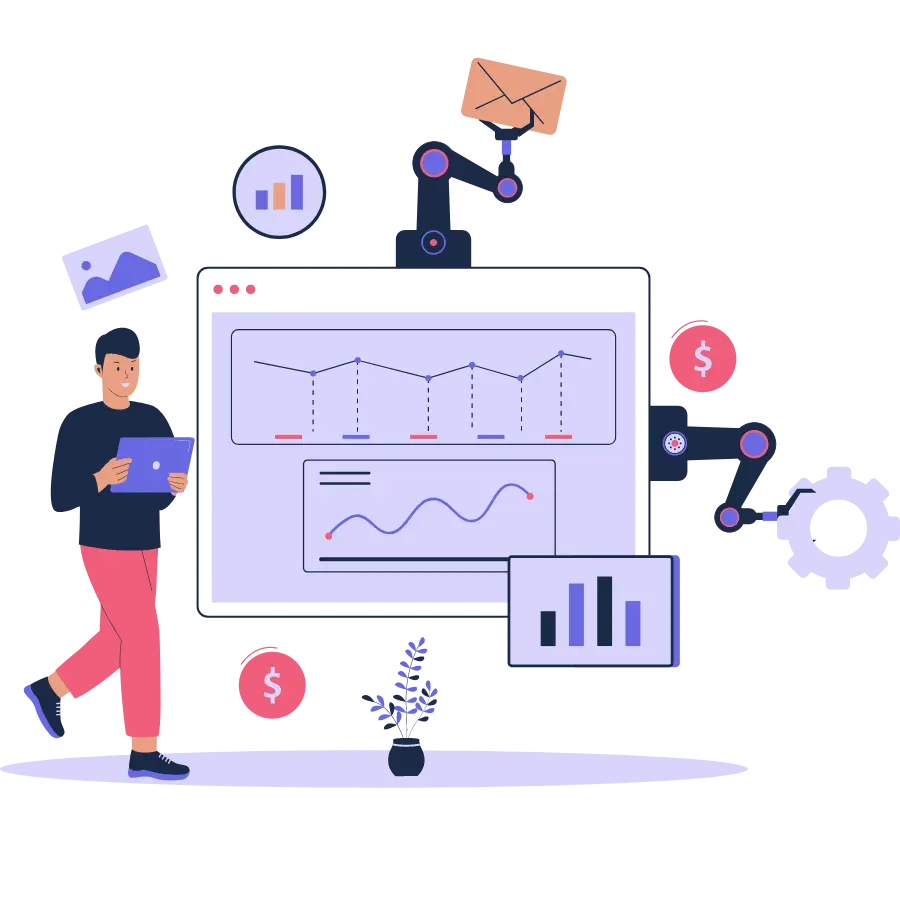 Depiction of operation management software solutions, highlighting asset management, vendor management, and contact management tools.